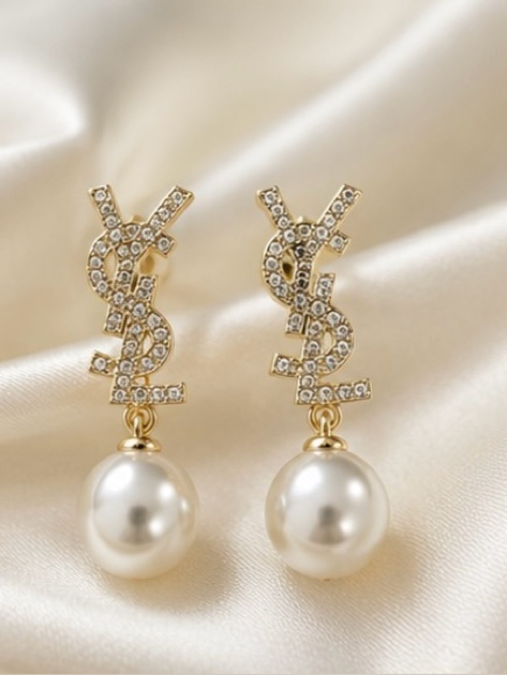 Gold-Tone Faux Pearl & Crystal Drop Earrings – Elegant Statement Dangle Earrings
